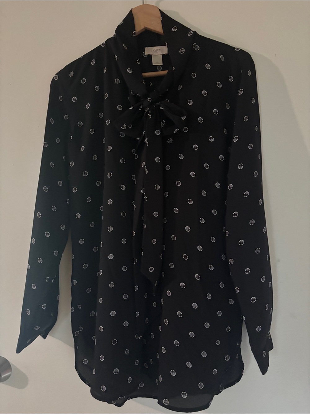 LOFT Black Polka Dot Tie-Neck Blouse with bow tie
